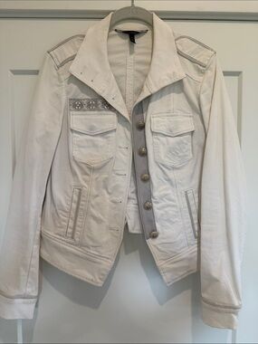 White House Black Market white and silver Utility Jacket with Contrast Trim